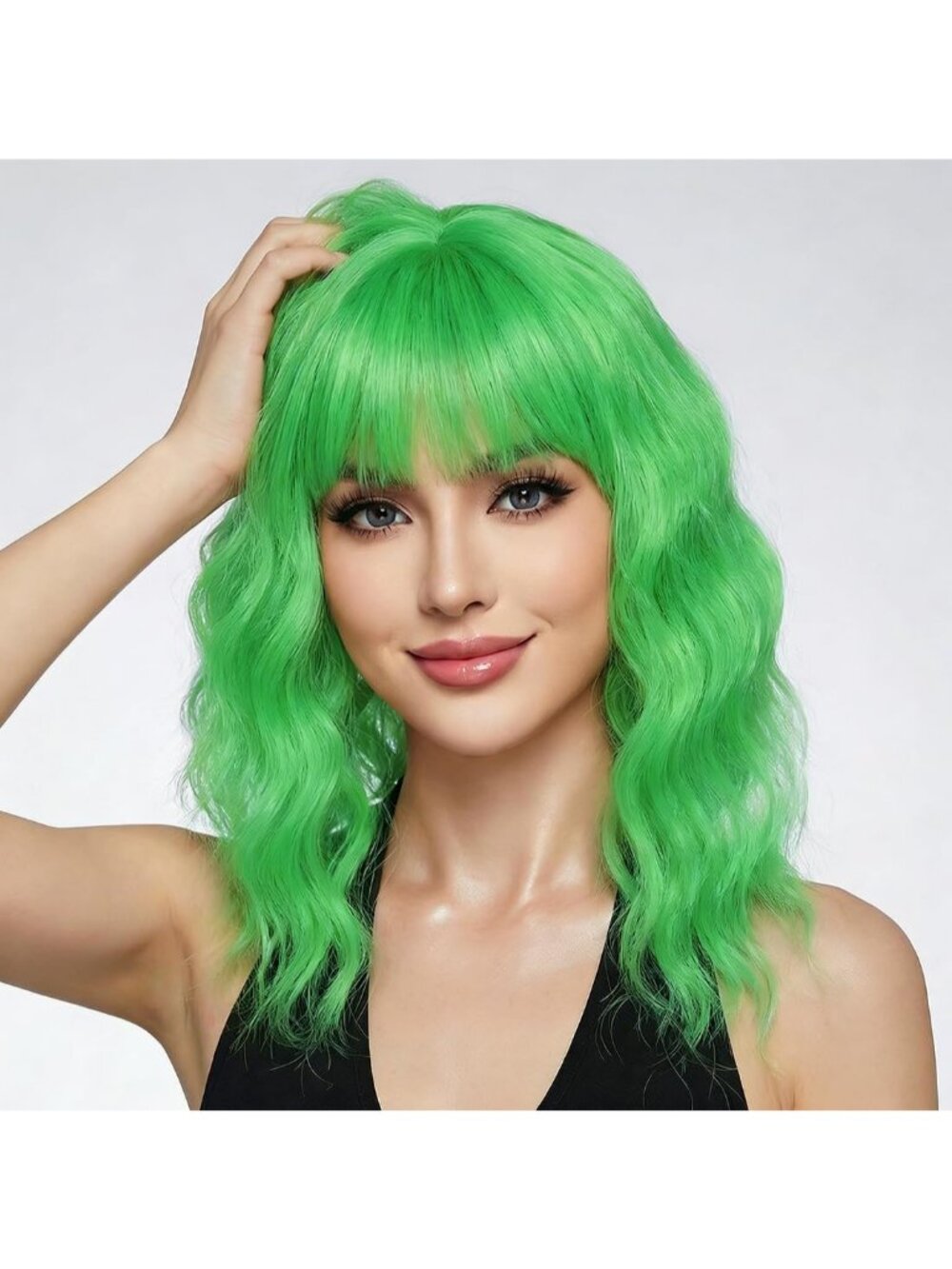 Women's Grass Green 14 Inch Short Shoulder Length Synthetic Bangs Wavy Bob Wig